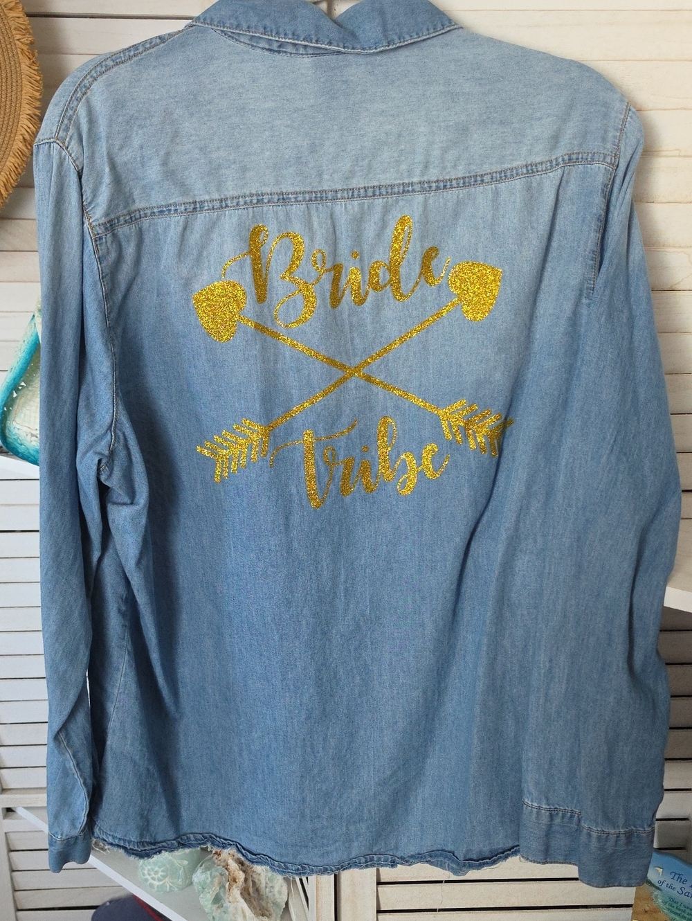 Faded Glory Light Blue Denim Shirt with Gold Glitter 'Bride Tribe' Graphic Xl